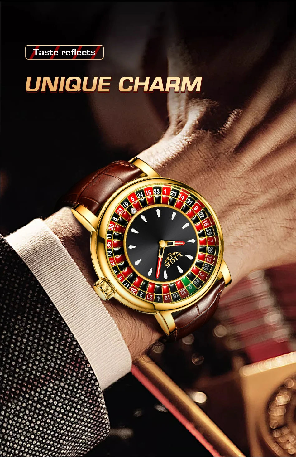 LIGE Quartz Man Watch Fashion Luxury Creative Roulette Game Dial Design Leather Casual Life Waterproof Watches for Men Gifts+Box