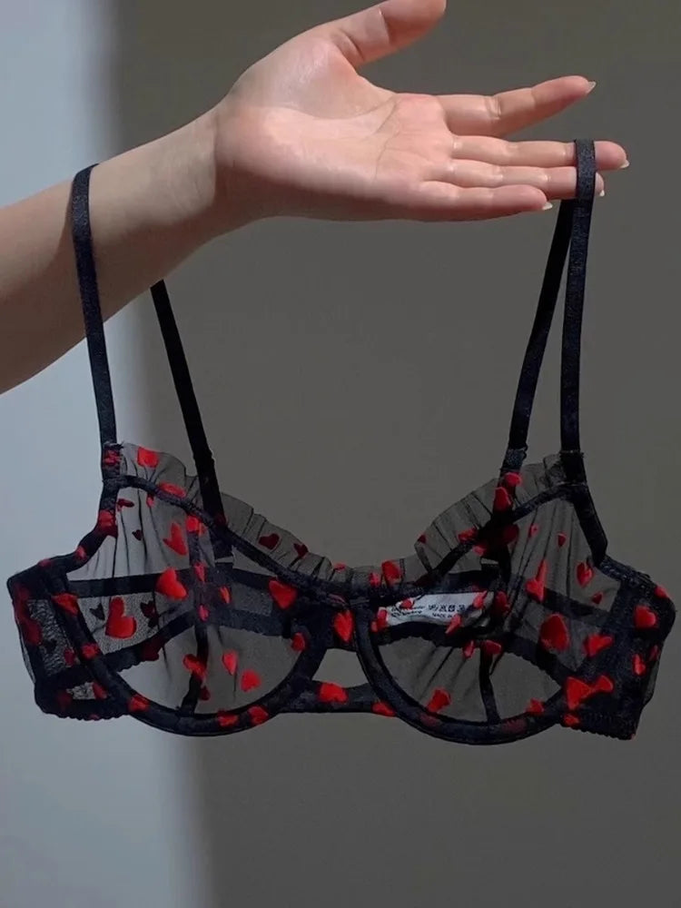 French Lace Minimizer Bra Set - Sexy Push Up Lingerie for Big Bust, Pink Heart-shaped Design | Flattering Support & Girlish Char