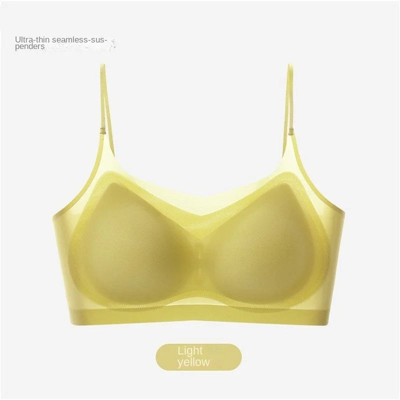 Ultra Thin Ice Silk Seamless Underwear Women Plus Size Sexy Top Soft Breathable Wireless Solid Lingerie Gathered Padded Bra