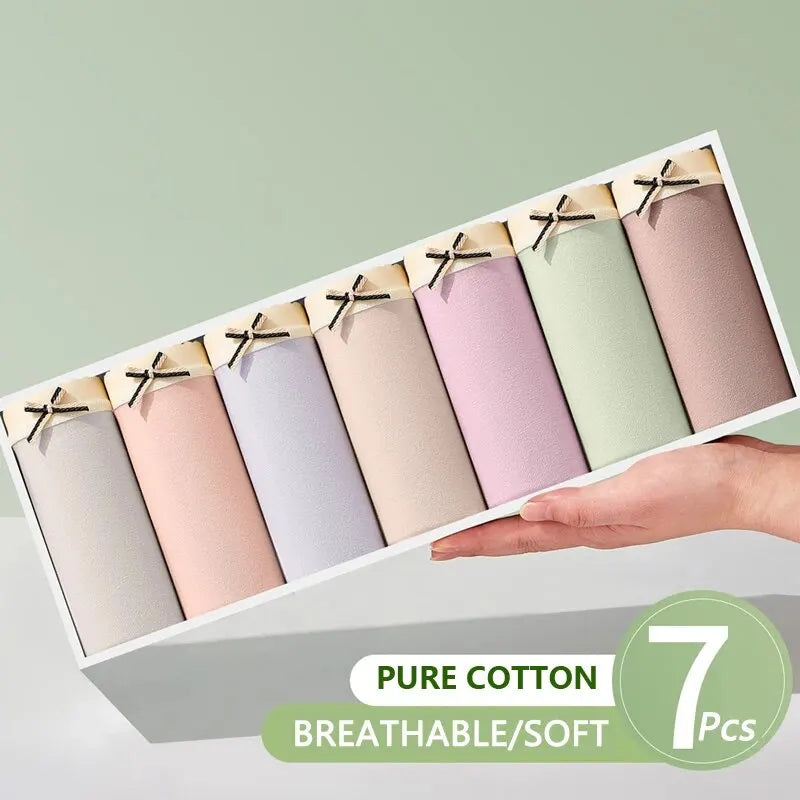 7Pcs Women's Panties Cotton Underwear Cute Bow Girls Briefs Solid Panty Breathable Underpants Sexy Low Waist Female Lingerie