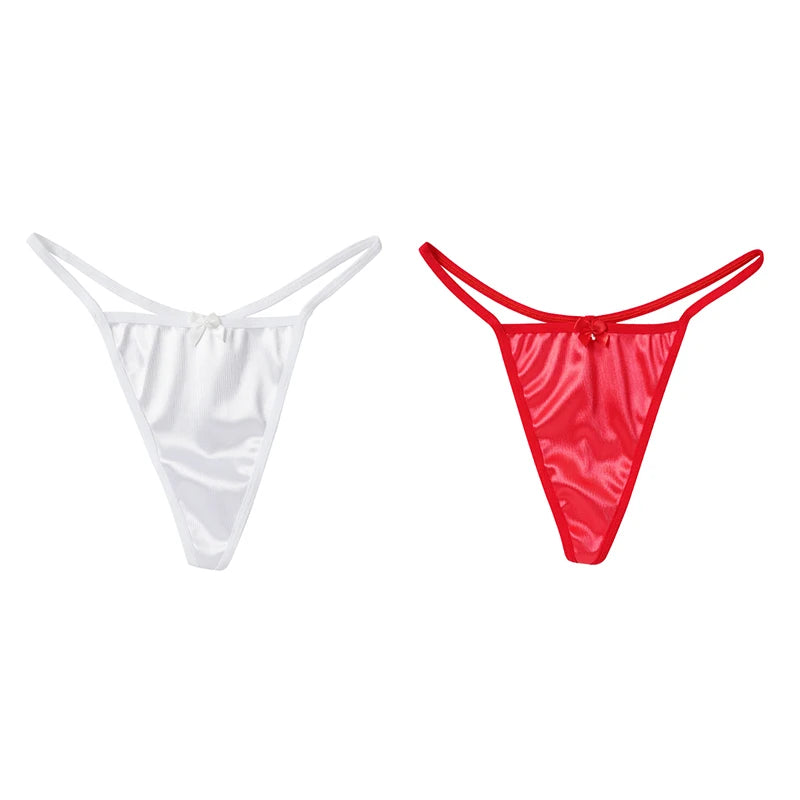 2PCS Women's Thong Satin Sexy Seamless Underwear Female Bow Low Waist One Thread G-string Pure Cotton Crotch T-back