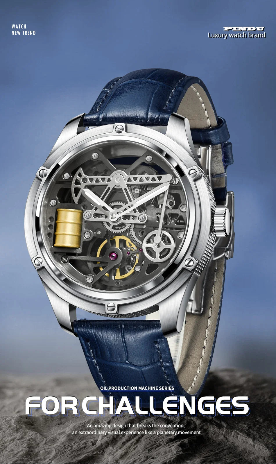 Pindu Men's New Mechanical Watch Leather Sapphire Crystal Commercial Men's Watch Miyota 8215 Automatic Watch 50m Waterproof