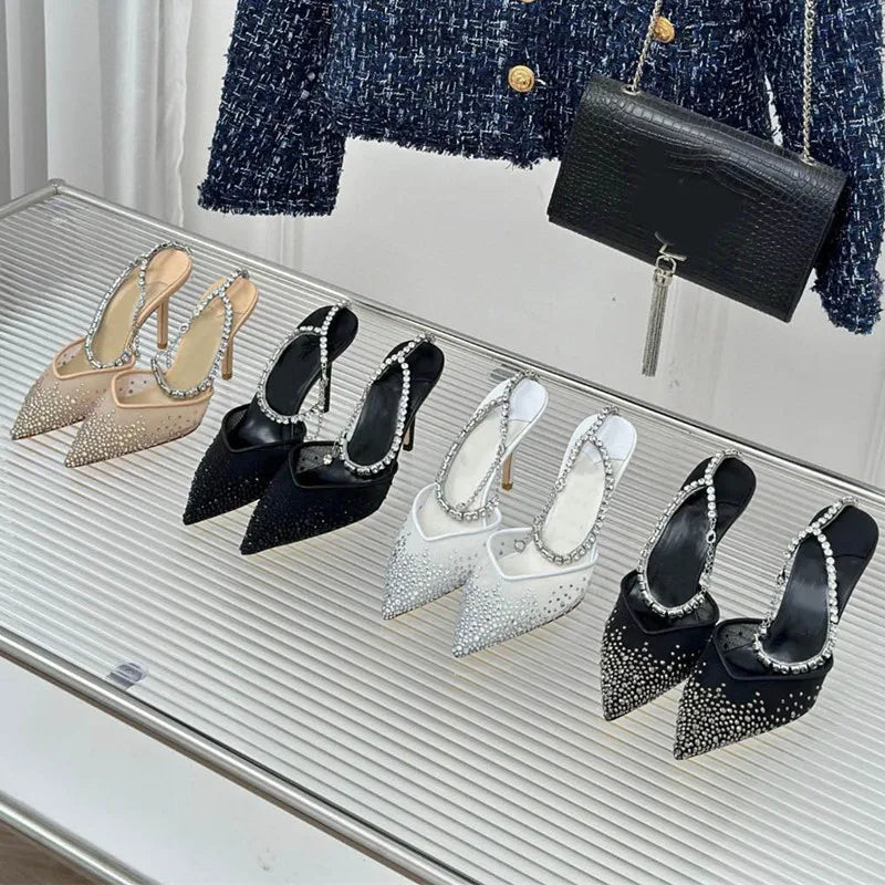Star style Fashion Rhinestones Ankle Strap Women Pumps Elegant Pointed toe Mesh Slingback Stiletto High heels Office Dress Shoes