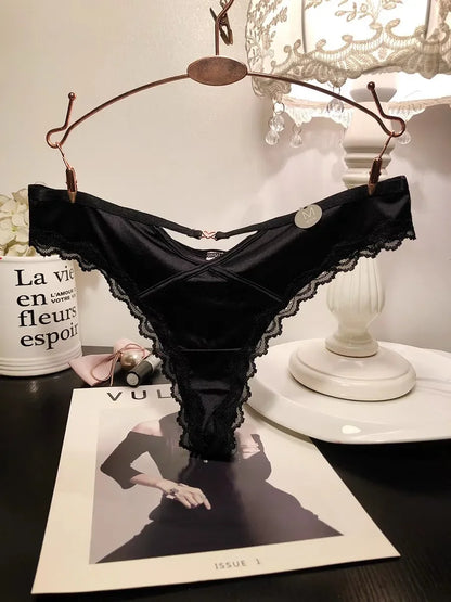 SP&CITY French Satin Sexy Women's Thongs Temptation Lace Embroidery Hollow Out Panties Soft Thin Cotton Crotch Breathable Briefs