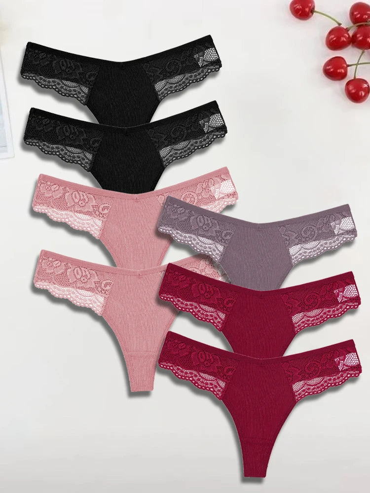 FINETOO 7Pcs Women's Cotton Lace Thongs Sexy Solid Color G-string Low Waist Breathable Bikini Lingerie Female Comfort Panties