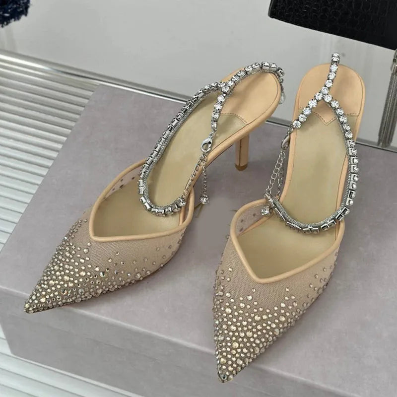 Star style Fashion Rhinestones Ankle Strap Women Pumps Elegant Pointed toe Mesh Slingback Stiletto High heels Office Dress Shoes
