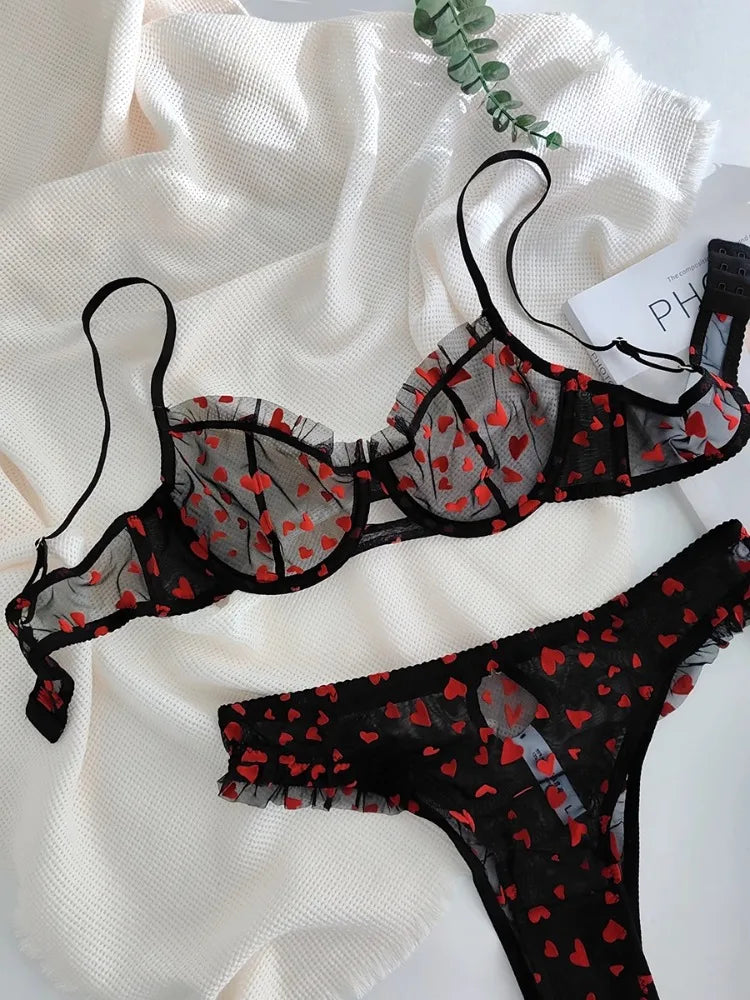 French Lace Minimizer Bra Set - Sexy Push Up Lingerie for Big Bust, Pink Heart-shaped Design | Flattering Support & Girlish Char