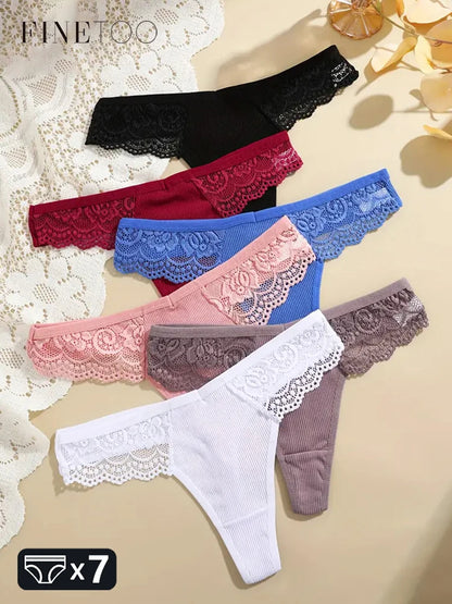 FINETOO 7Pcs Women's Cotton Lace Thongs Sexy Solid Color G-string Low Waist Breathable Bikini Lingerie Female Comfort Panties