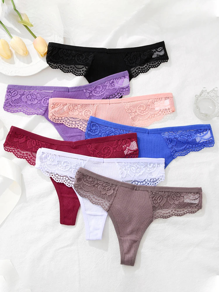 FINETOO 7Pcs Women's Cotton Lace Thongs Sexy Solid Color G-string Low Waist Breathable Bikini Lingerie Female Comfort Panties