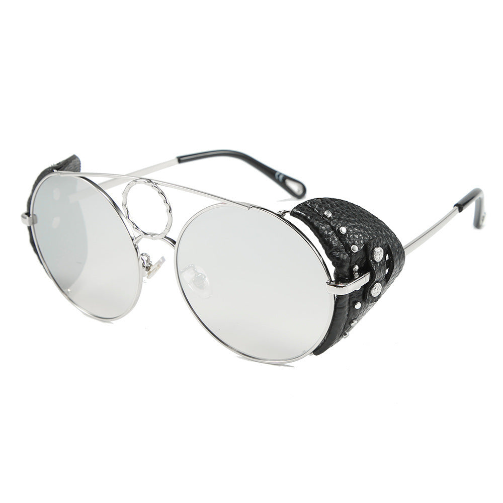 Round Leather Rivet Metal Sunglasses