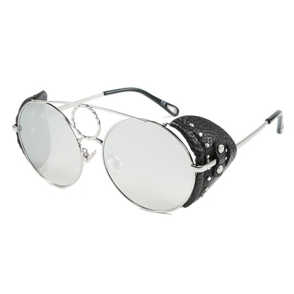 Round Leather Rivet Metal Sunglasses