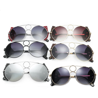 Round Leather Rivet Metal Sunglasses