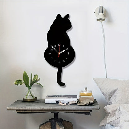 Whimsical Black Cat Pendulum Wall Clock With Moving Tail