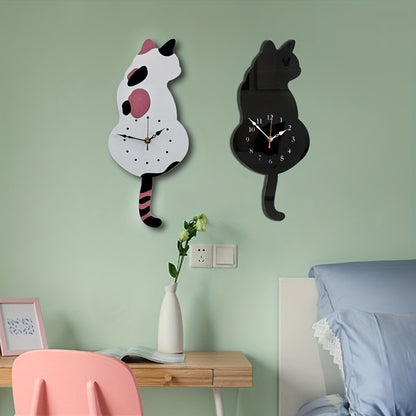 Whimsical Black Cat Pendulum Wall Clock With Moving Tail