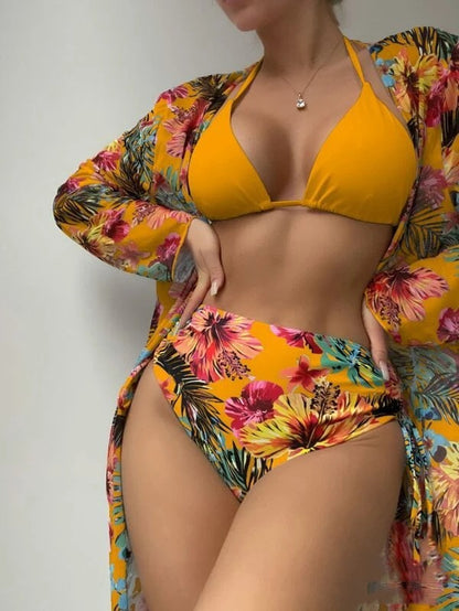 Bikini Three-piece Printed Mesh Blouse