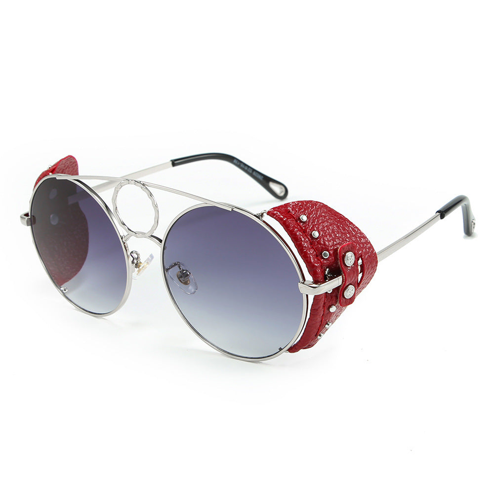 Round Leather Rivet Metal Sunglasses