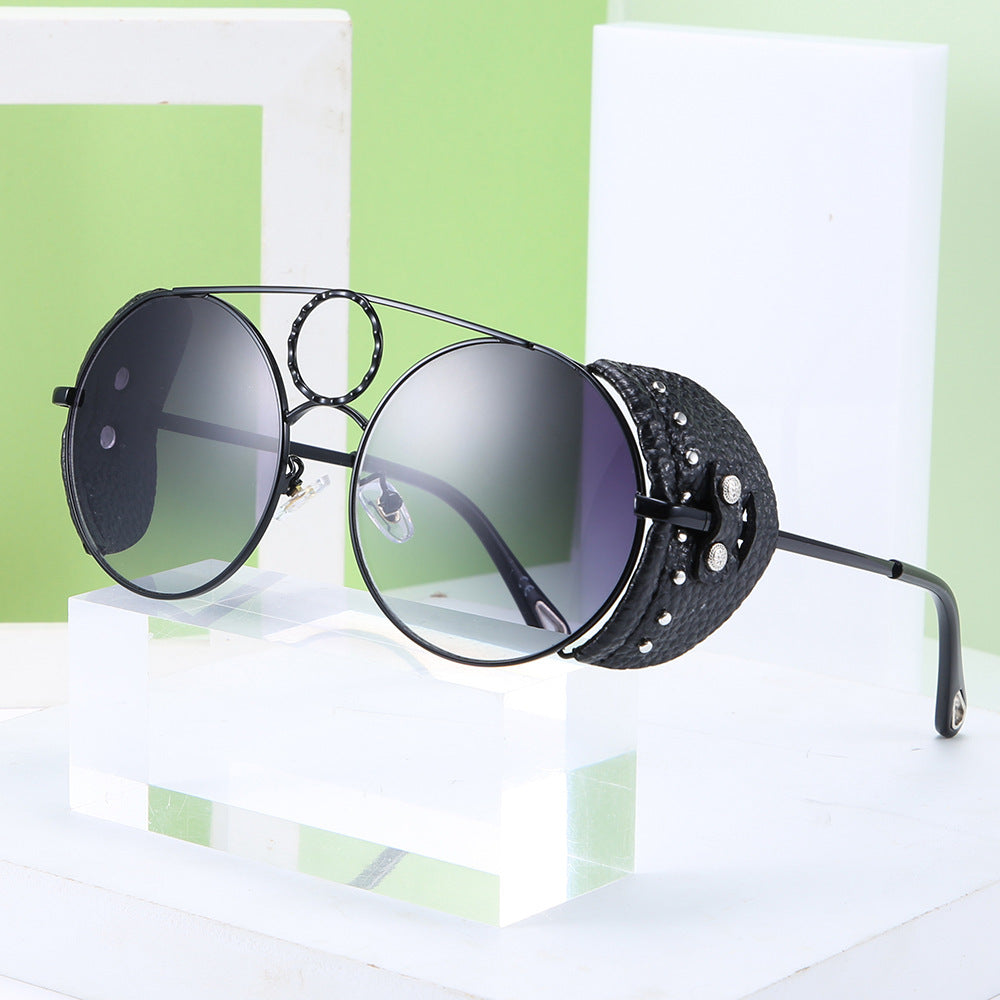 Round Leather Rivet Metal Sunglasses