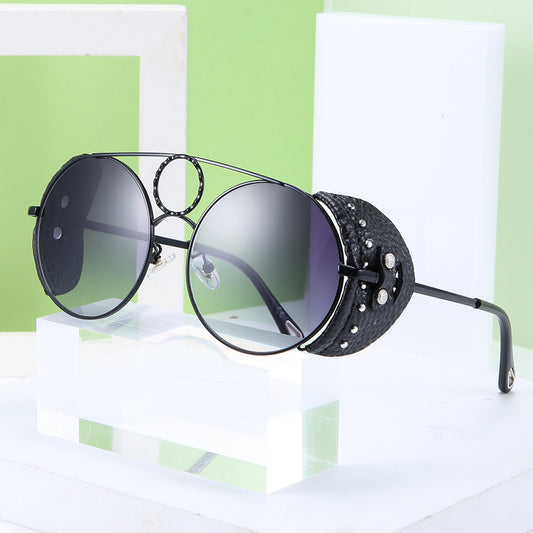 Round Leather Rivet Metal Sunglasses